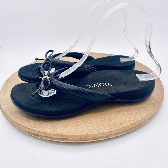 Vionic Cassie Sandals Womens 7 Black Leather Orthotic Flip Flop Bow - Picture 6 of 11